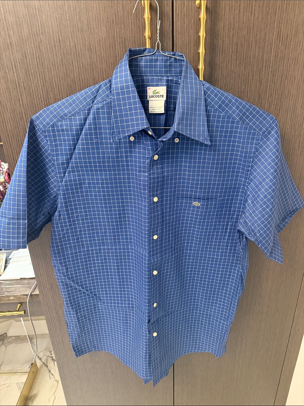 Lacoste Men’s Blue Windowpane Button-Down Shirt NEW